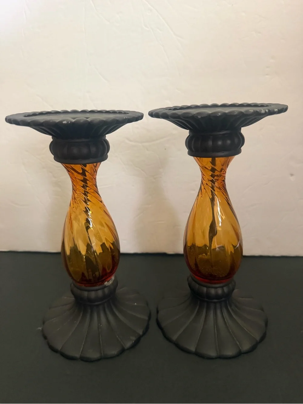 PartyLite Pair Amber Glass Candleholders with Black Bases 8” - Picture 11 of 16